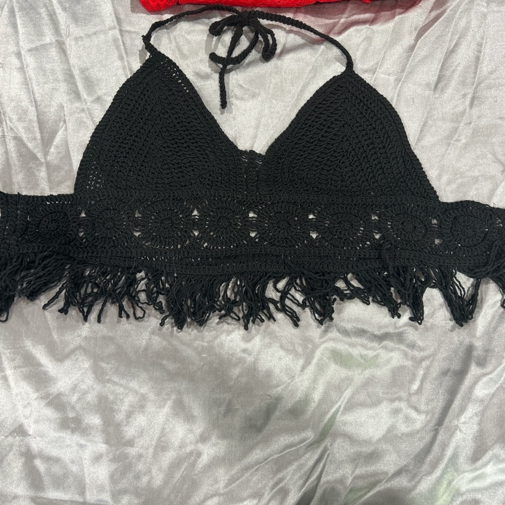 SHEIN Black Crochet Fringe Crop Top